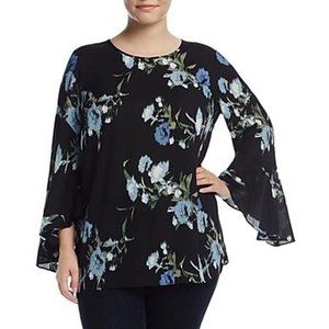 Vince Camuto Black and Blue Floral Bell Sleeve Blouse Size Large EUC